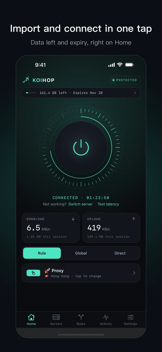 Koihop screenshot: Import and connect in one tap